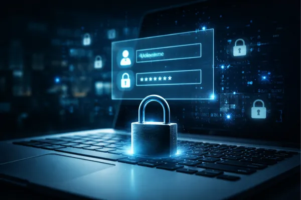 South Florida cybersecurity concept showing a glowing padlock on a laptop keyboard with a digital login interface in the background representing credential protection and login security