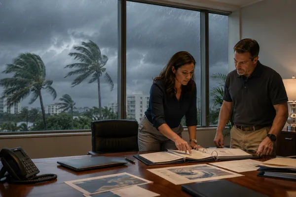 Business team reviewing hurricane IT preparedness plans during a storm in a South Florida office