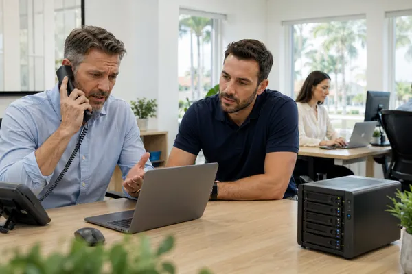 Florida business owner discussing recurring IT issues with an IT professional after outgrowing break-fix support.