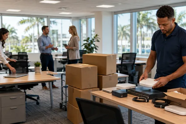 IT professional setting up network equipment for a growing business opening a second office location