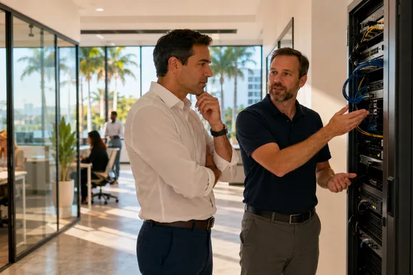 Business owner reviewing office network equipment with a managed IT provider in West Palm Beach