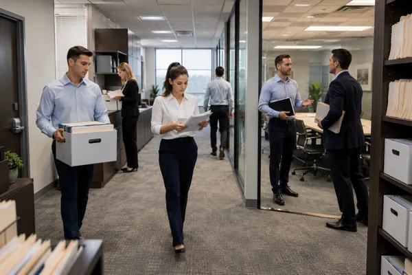 Accounting firm team preparing client files during busy tax season