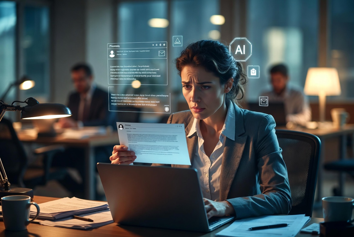 Small business professional reviewing a suspicious AI-generated phishing message in an office