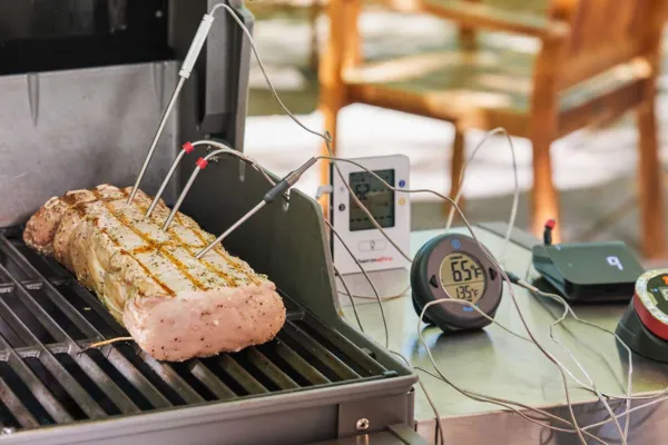 meat on grill with thermometer