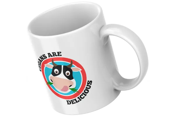 mug with vegans are delicious logo