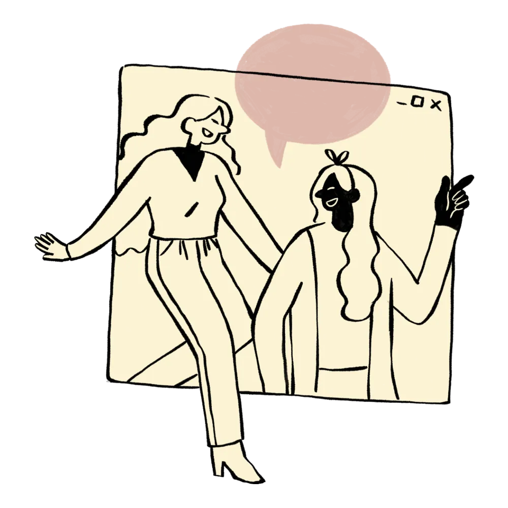 Illustrated image of two women having a friendly conversation, black pen with cream background and pink speech bubble, under text which reads ‘Lets Connect’.