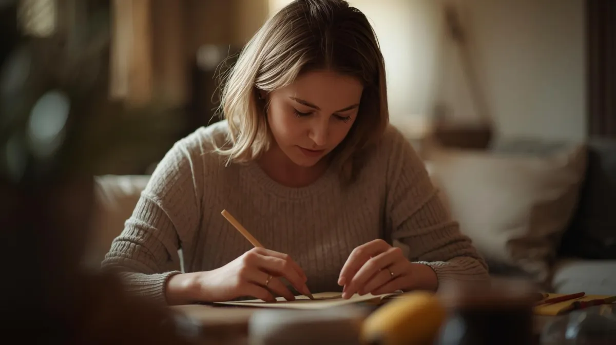 Photograph of a woman with blonde hair, writing and being creative and thoughtful in a comfortable room with low lighting. Soft colours above text which reads ‘Parts Practice’.