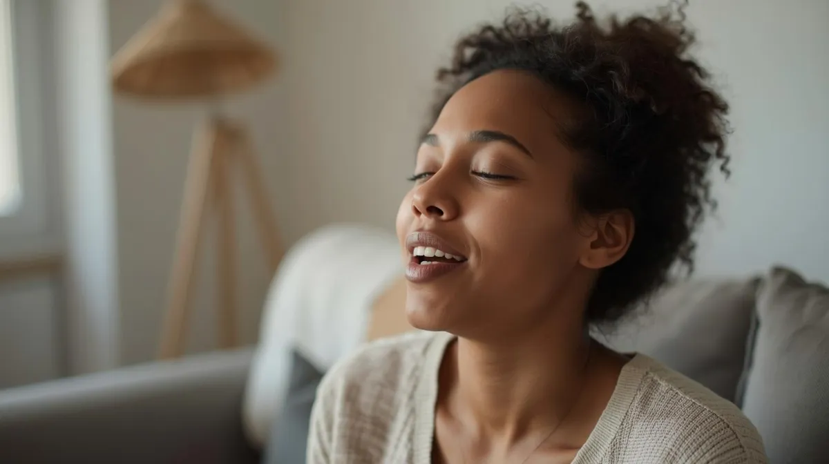 Photograph of a woman with dark short hair and lightly closed eyes, making vocal sounds for healing the body and creating relief. Soft colours above text which reads ‘Vocal Sound Healing’.