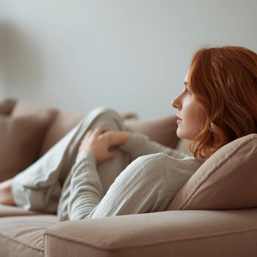 Photograph of a woman with ginger hair, relaxing on a cream coloured sofa, looking wistfully across the room. Soft colours and furnishings, under text which reads ‘Compassion Practice’.
