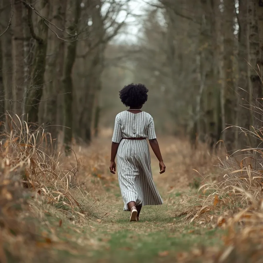 Photograph of a woman with dark coloured hair in a grey dress walking away, down a path within woodland. Soft colours under text which reads ‘Parts Practice’.
