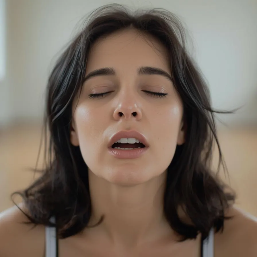 Photograph of a woman with dark coloured hair and softly closed eyes making vocal sounds which express emotions and relief. Soft colours under text which reads ‘Vocal Sound Healing’.