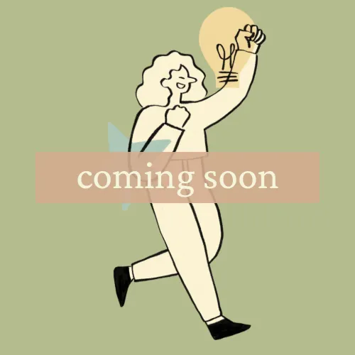 Line drawing of a woman with a yellow lightbulb and a blue-green star, in pale yellow, with text that reads coming soon. Representing personal growth and healing. Come back for a link to free resources to support self-reflection, well-being & nervous system regulation.
