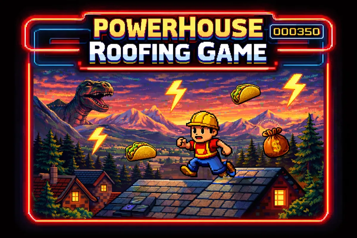 Retro arcade style roofing video game showing a construction worker dodging falling objects in the PowerHouse Roofing game.