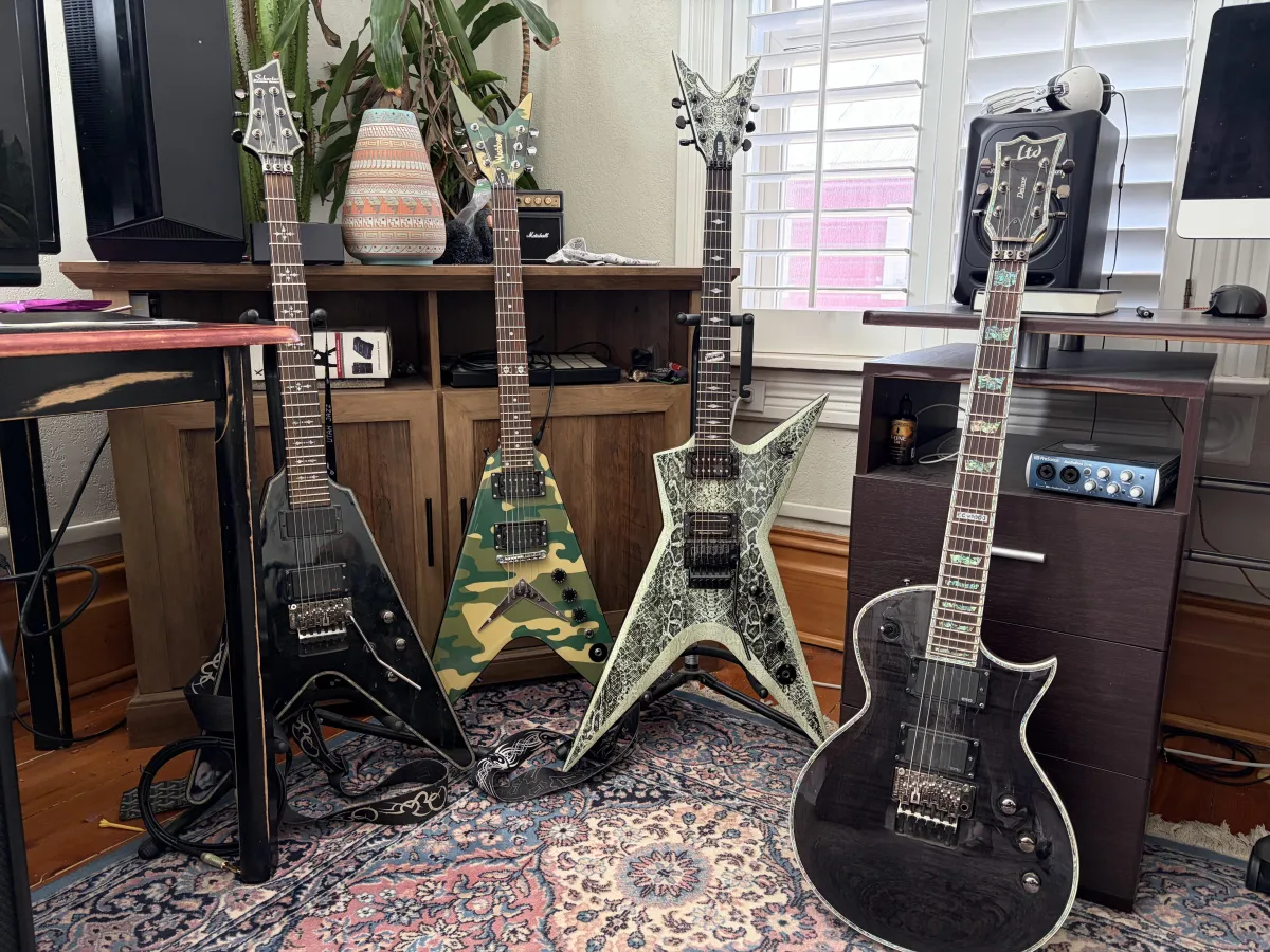 Guitar and recording equipment in Nate's home studio