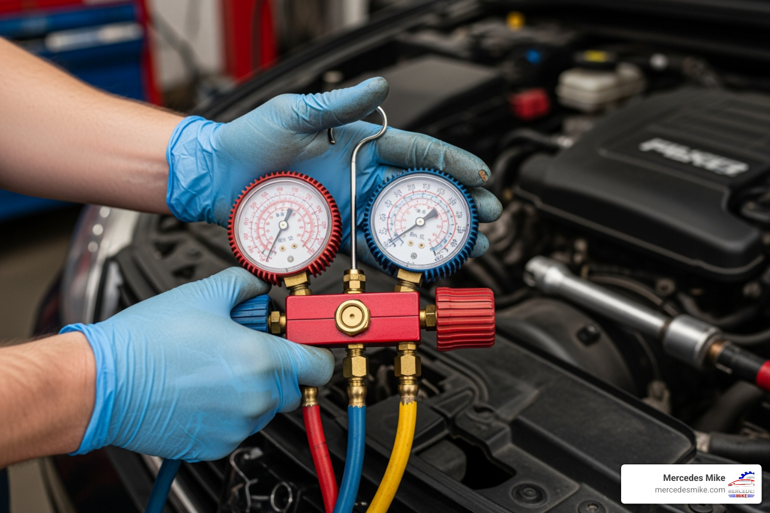 air conditioning recharge technician checking car AC pressure with gauge