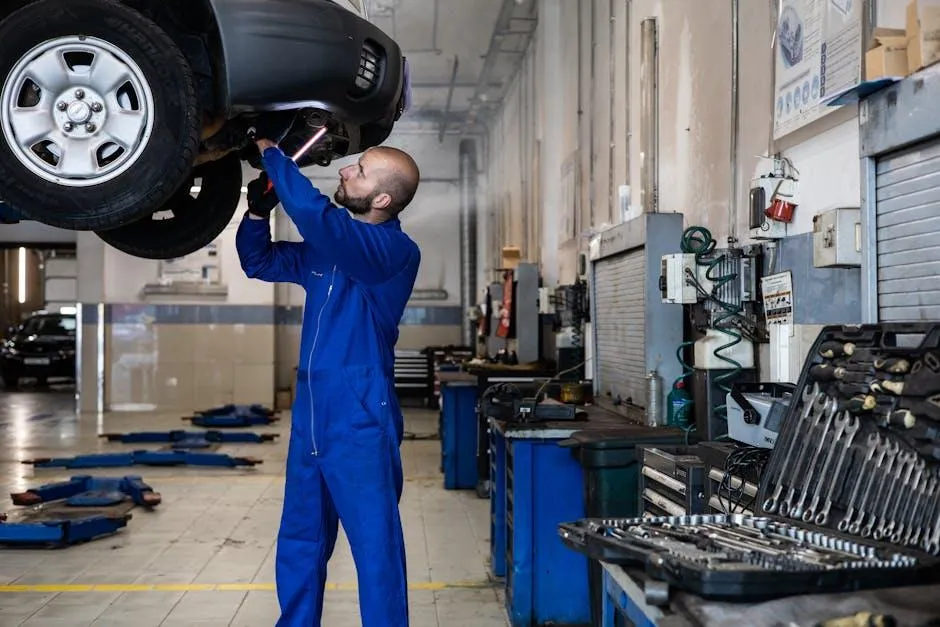 steering repair mechanic inspecting car steering system