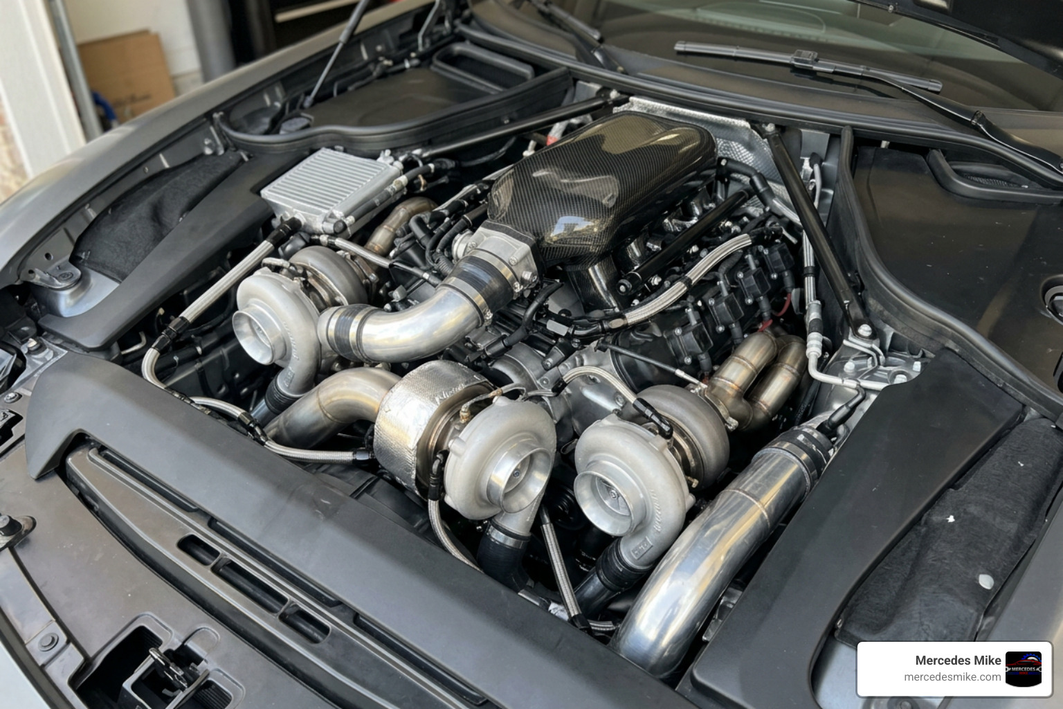 AMG GT turbo upgrade engine bay twin-turbo V8 M178