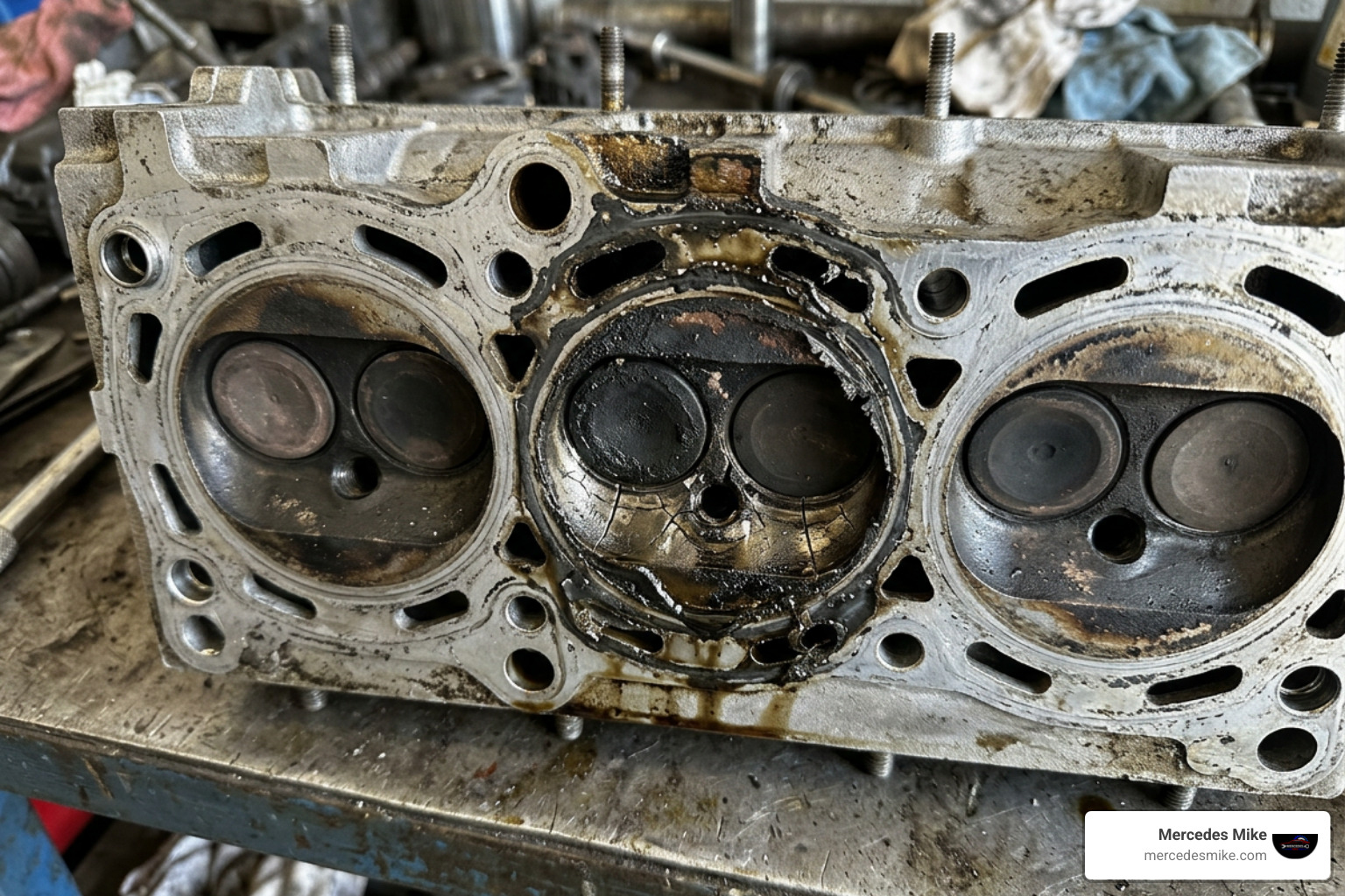 damaged cylinder head showing thermal cracking and gasket failure