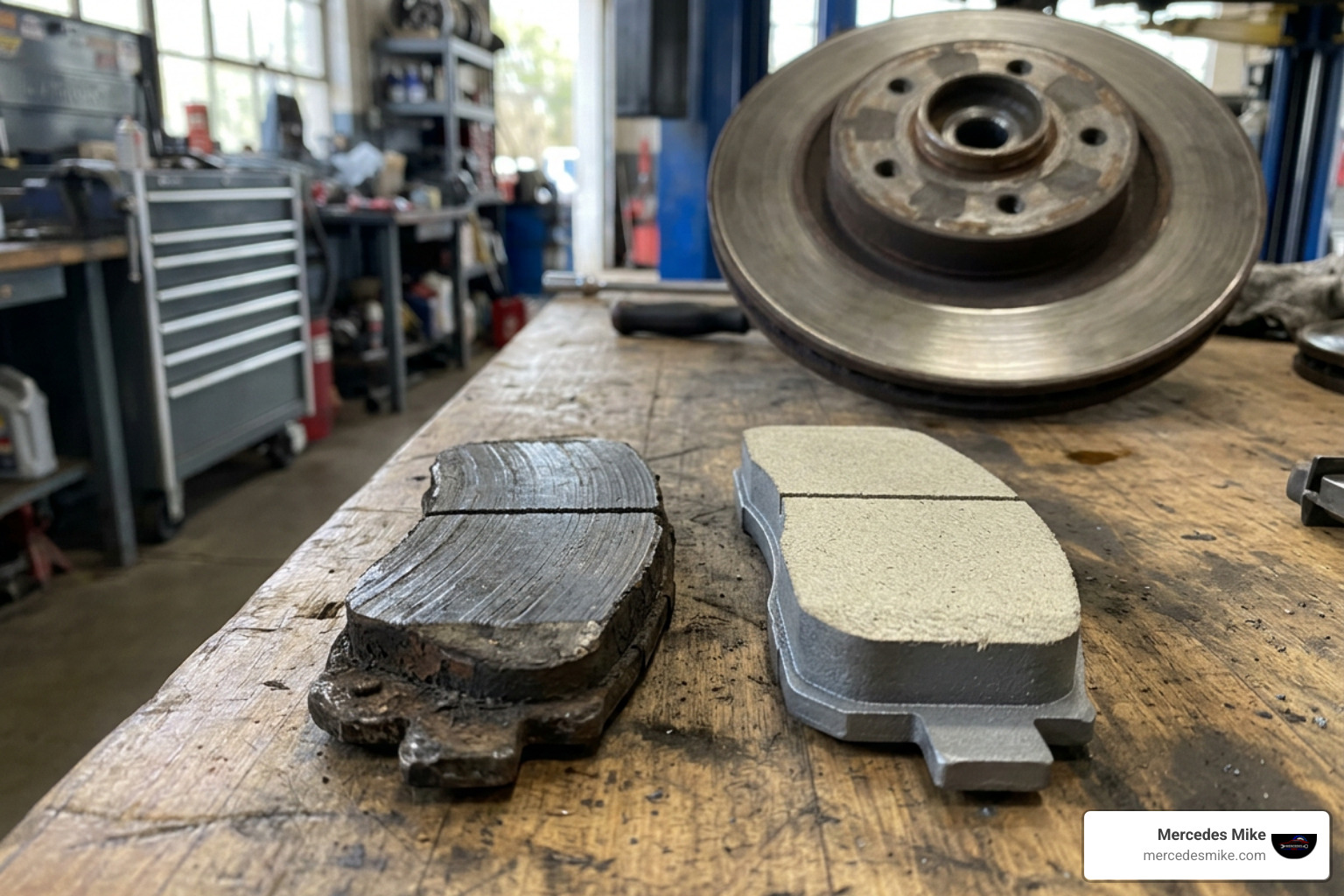 worn brake pad lining compared to new brake pad