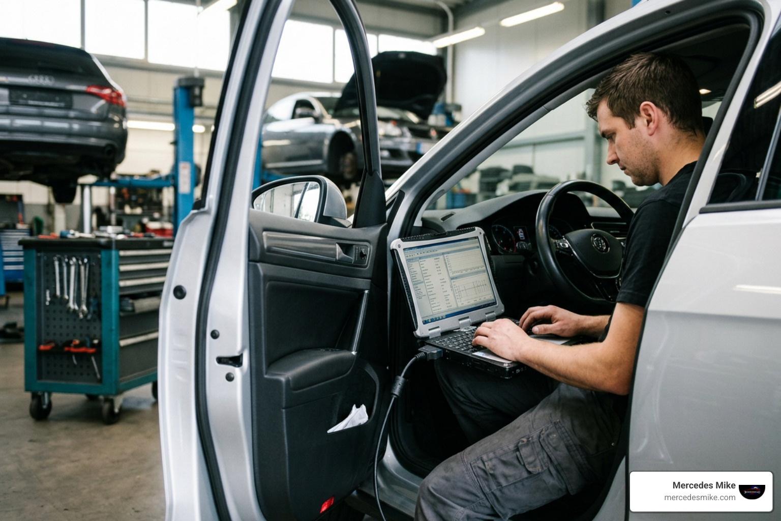 Vehicle connected to diagnostic laptop via OBD-II port