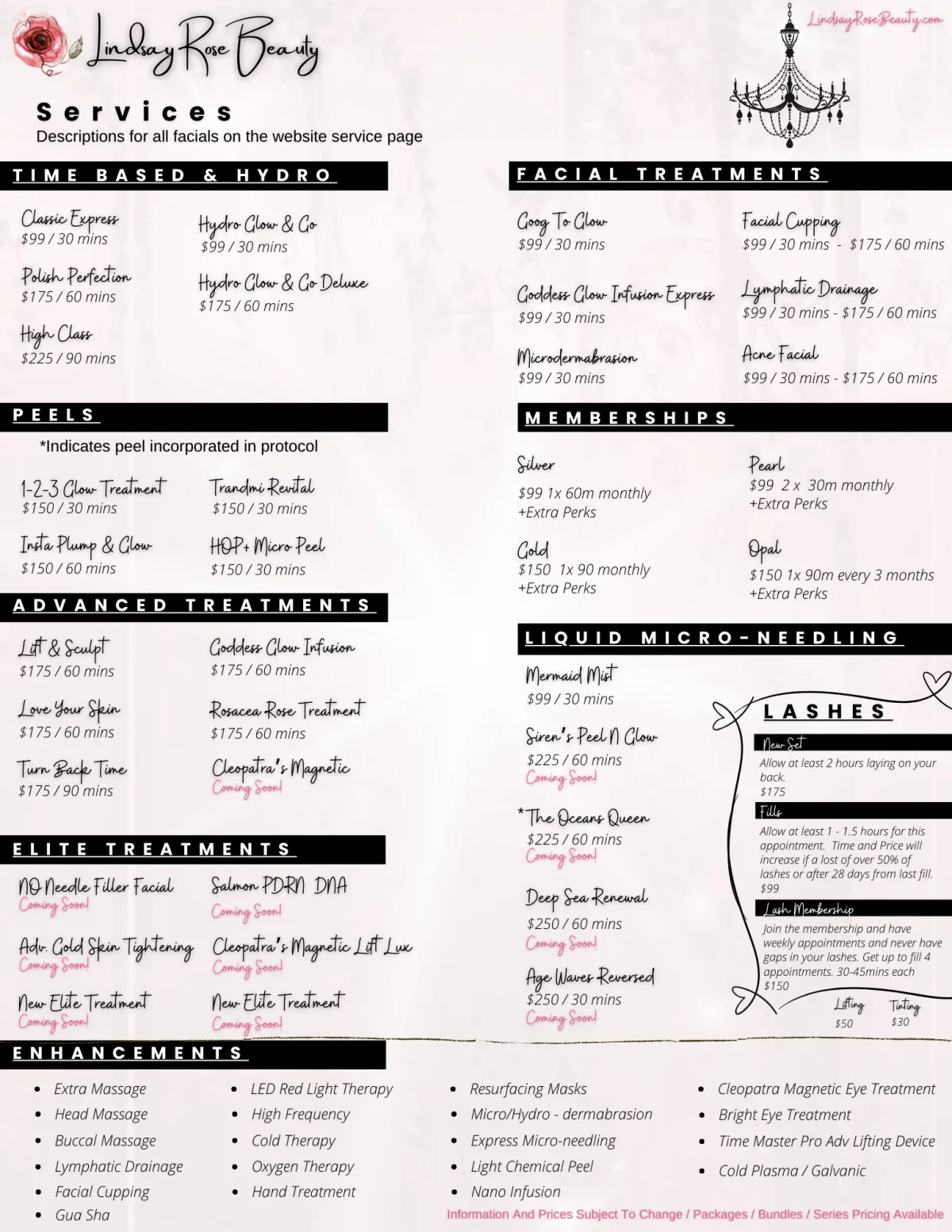 service menu and list of all treatments for Lindsay Rose Beauty in Mansfield Texas