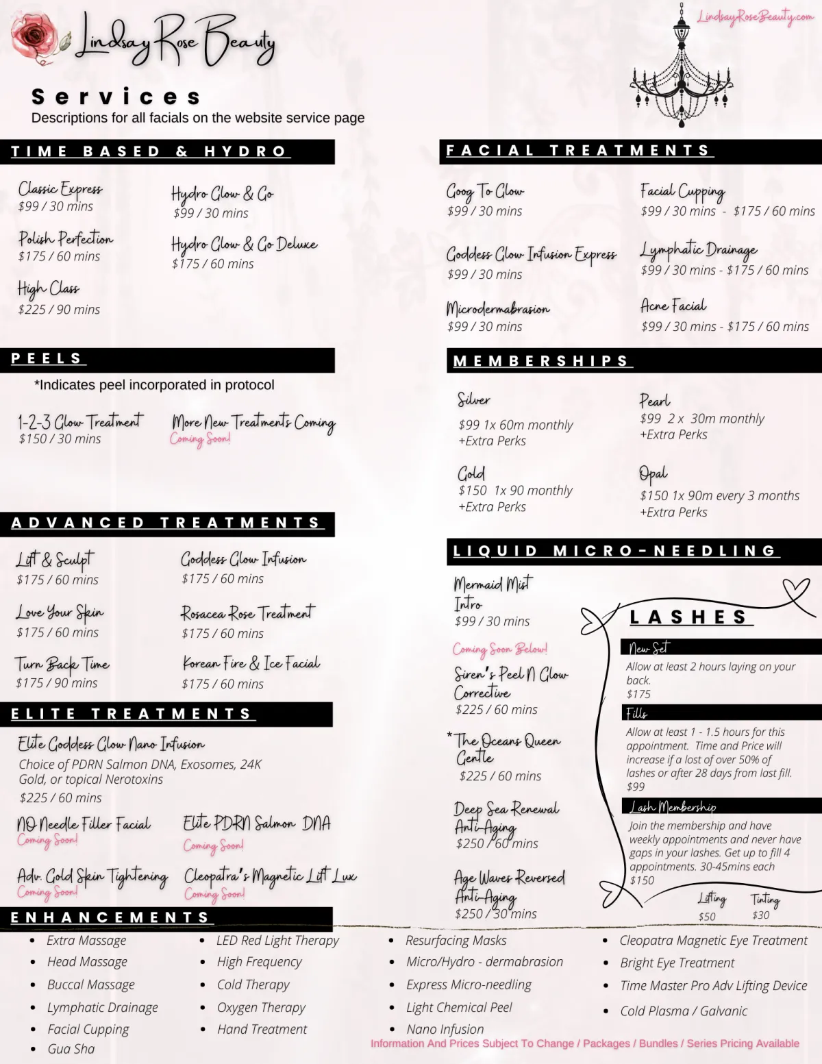 service menu and list of all treatments for Lindsay Rose Beauty in Mansfield Texas