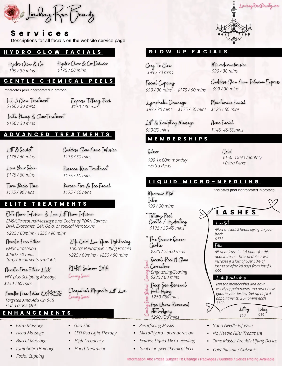 service menu and list of all treatments for Lindsay Rose Beauty in Mansfield Texas