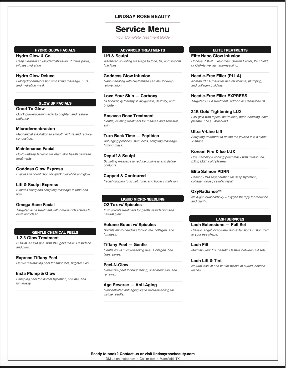 service menu and list of all treatments for Lindsay Rose Beauty in Mansfield Texas