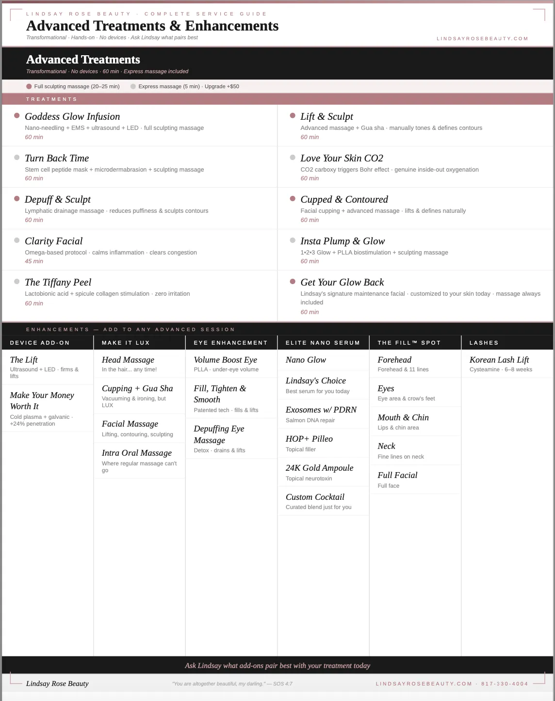 service menu and list of all treatments for Lindsay Rose Beauty in Mansfield Texas