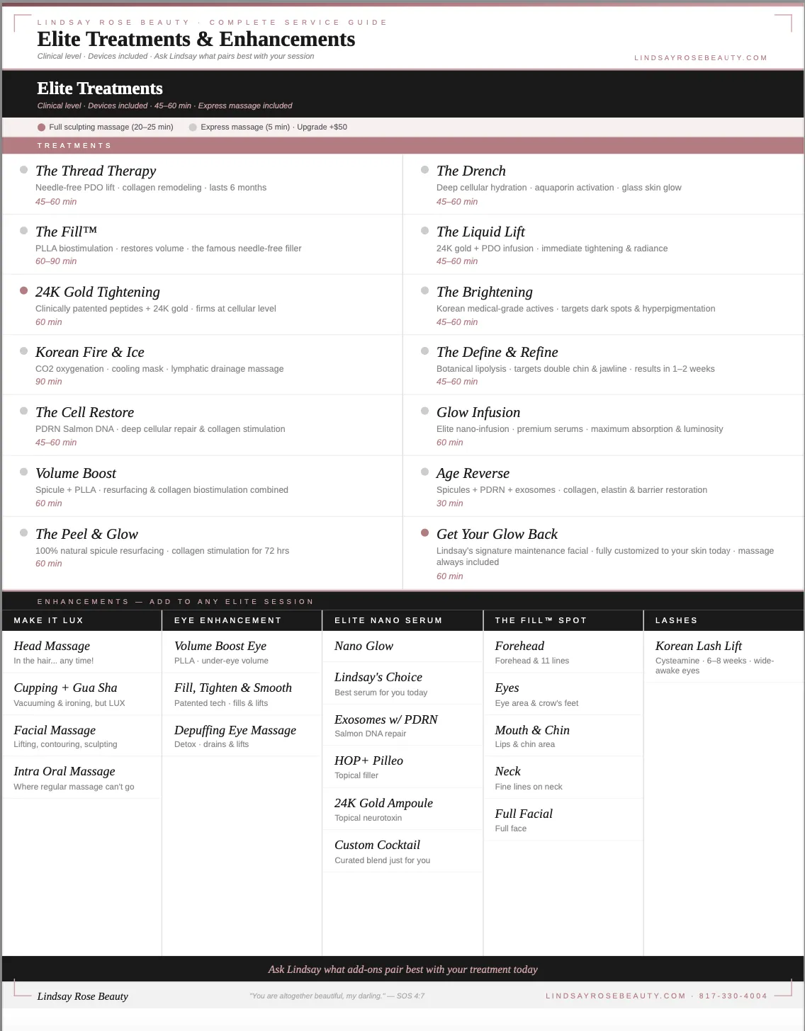 service menu and list of all treatments for Lindsay Rose Beauty in Mansfield Texas