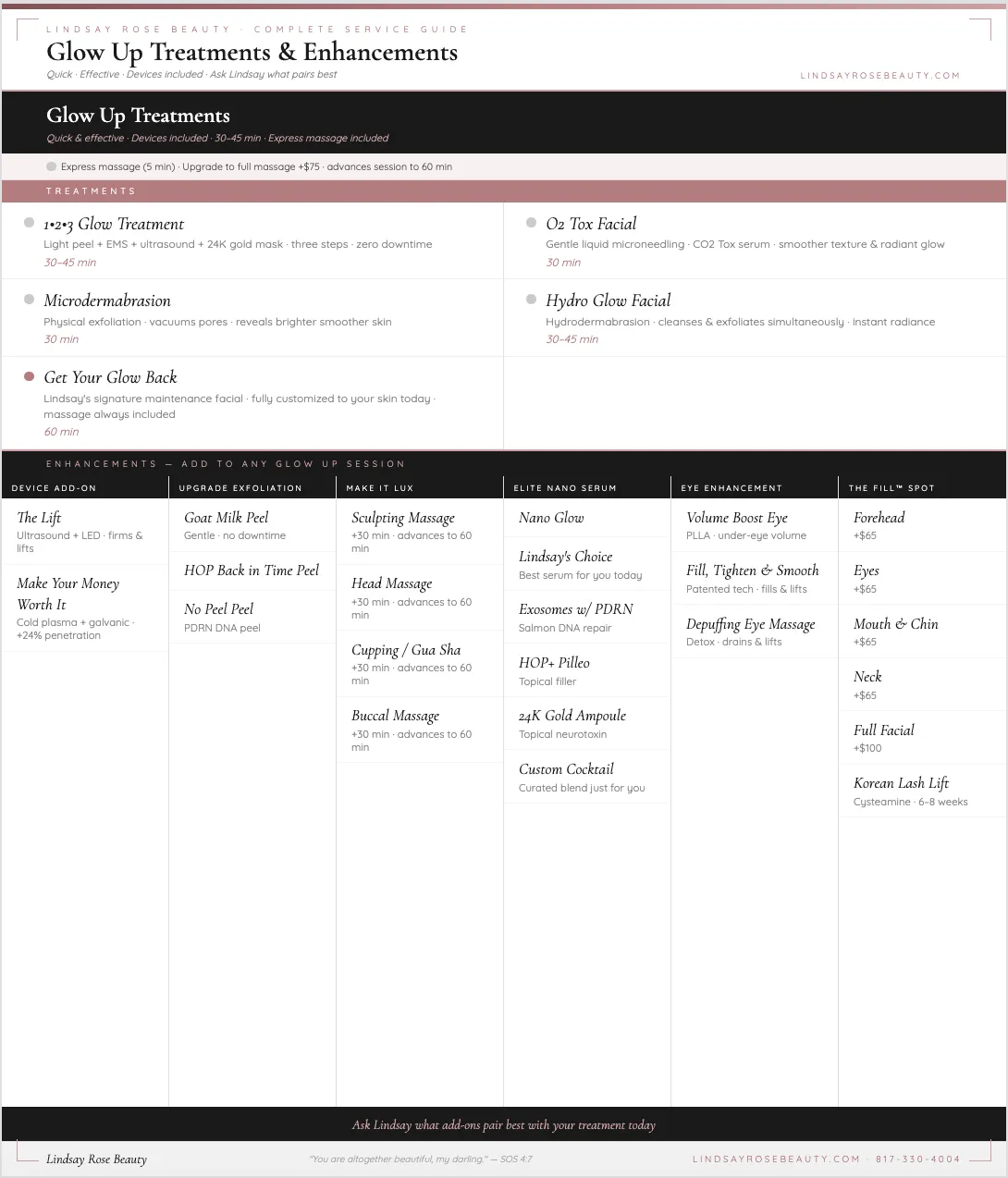 service menu and list of all treatments for Lindsay Rose Beauty in Mansfield Texas