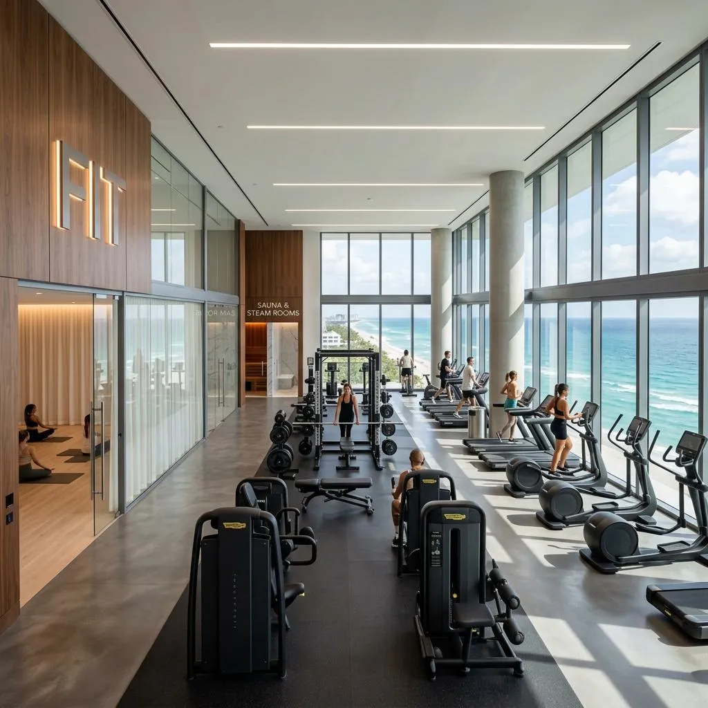 Technogym wellness center with floor-to-ceiling glass waterfront views