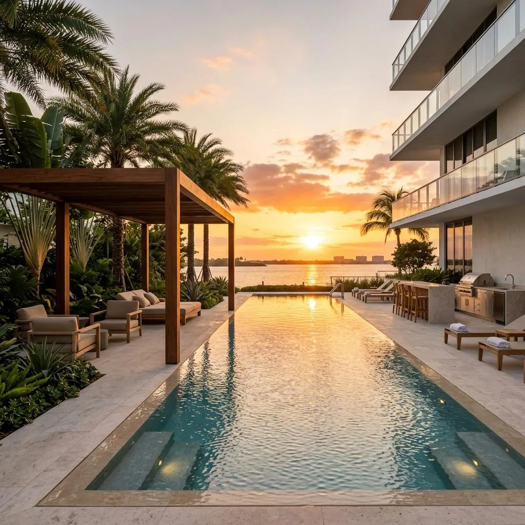 Technogym wellness center with floor-to-ceiling glass waterfront views
