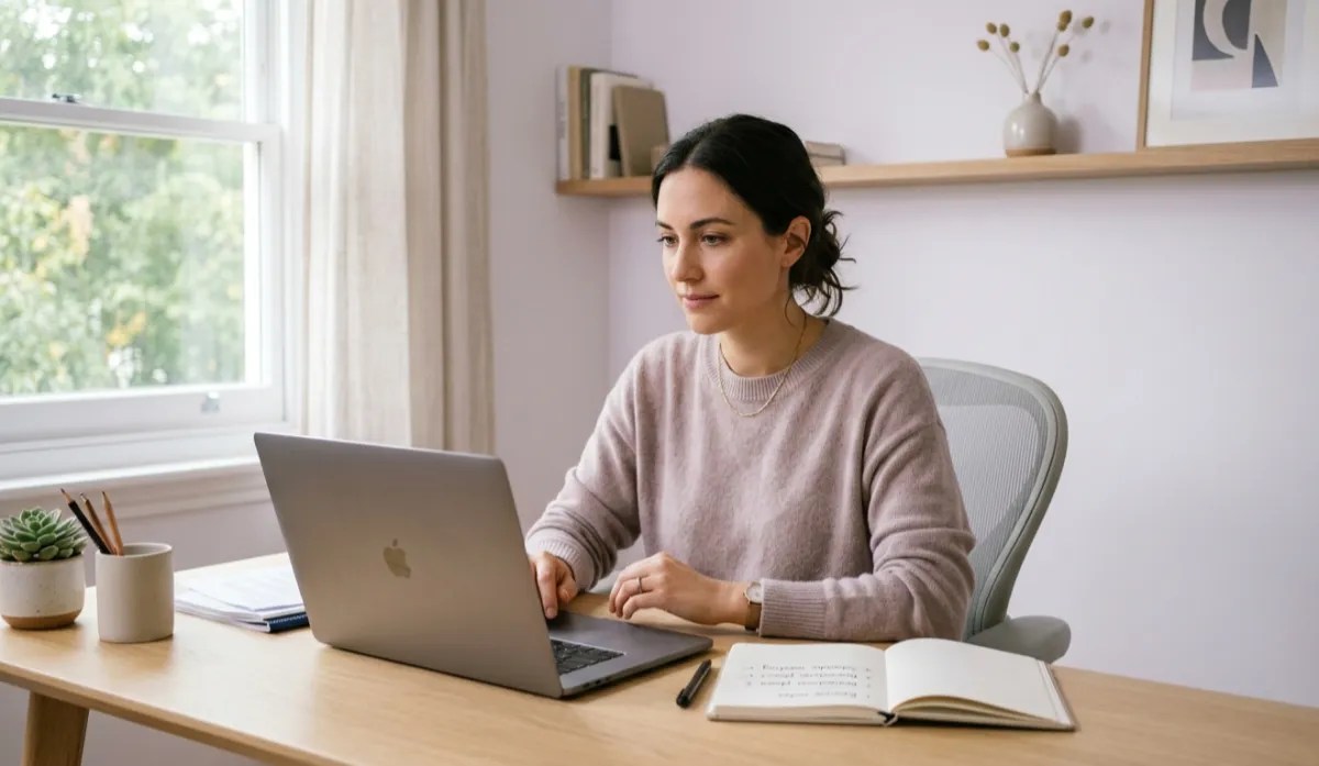 A person sitting at a clean, minimal desk, looking calmly at a laptop screen in a softly lit workspace.