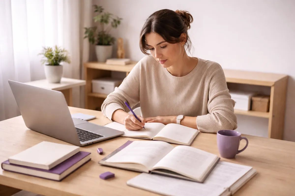 A small business owner sits at a tidy but busy desk, surrounded by an open notebook, a laptop, and a coffee cup, mid-task in a softly lit workspace.