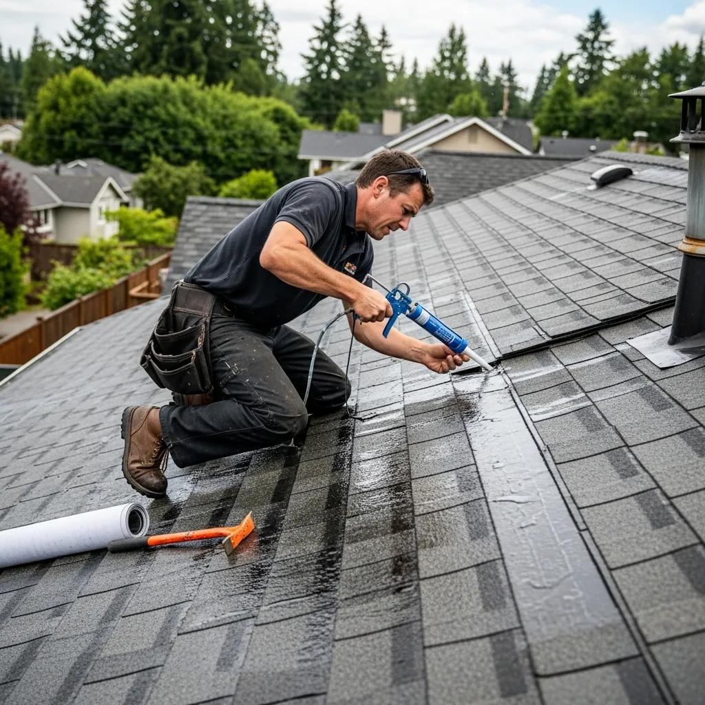 Roofer repairing a residential roof in Olympia, WA, fixing common problems