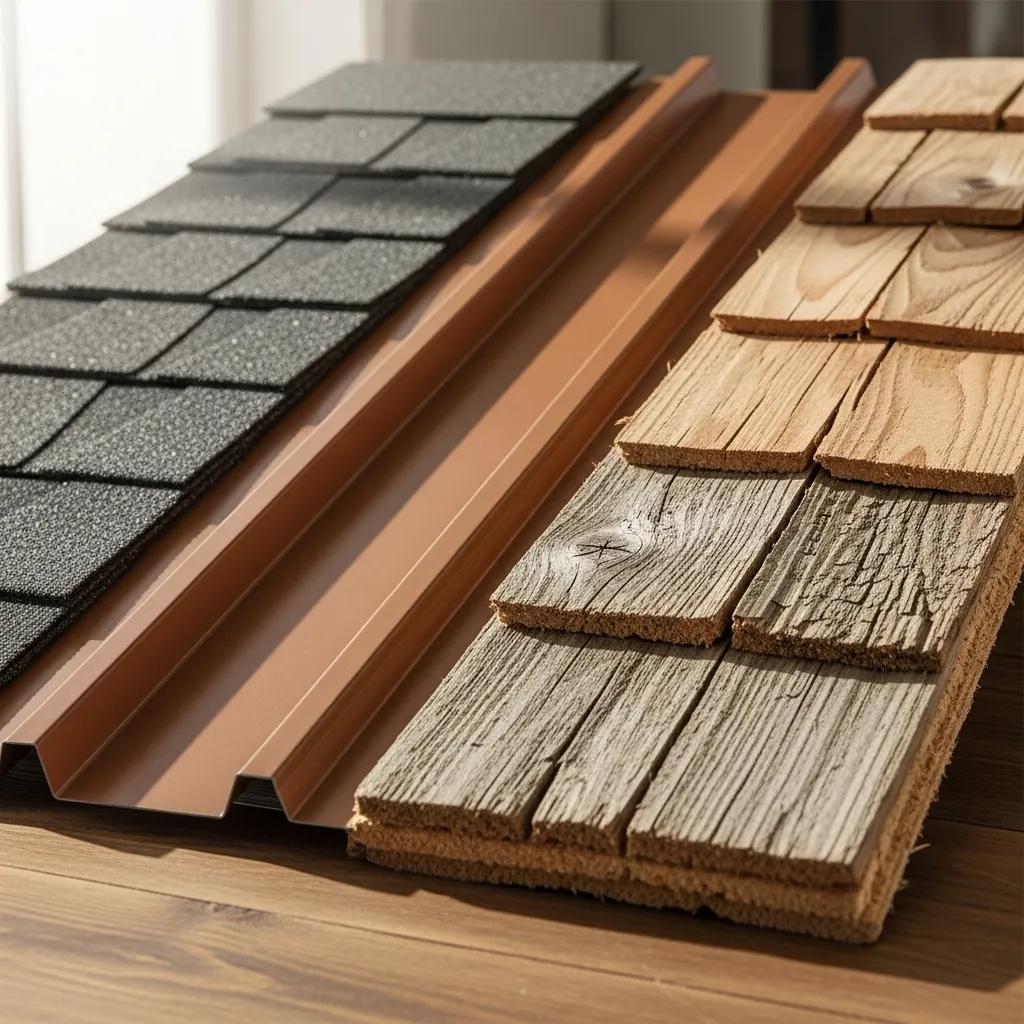 Sample roofing materials: asphalt shingles, metal roofing, cedar shakes — suited for Olympia homes