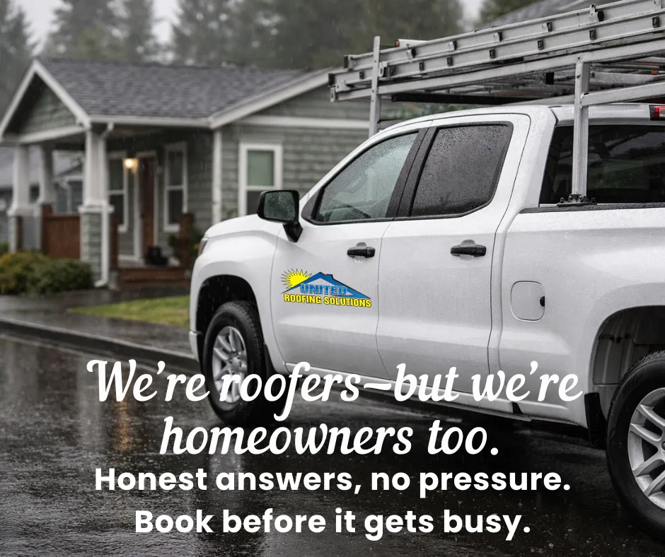 United Roofing Solutions crew responding to storm damage in South Westside Olympia"