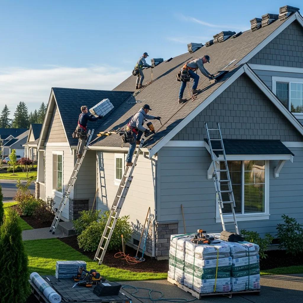 Professional roofing team installing a roof on a residential home in Tumwater, WA