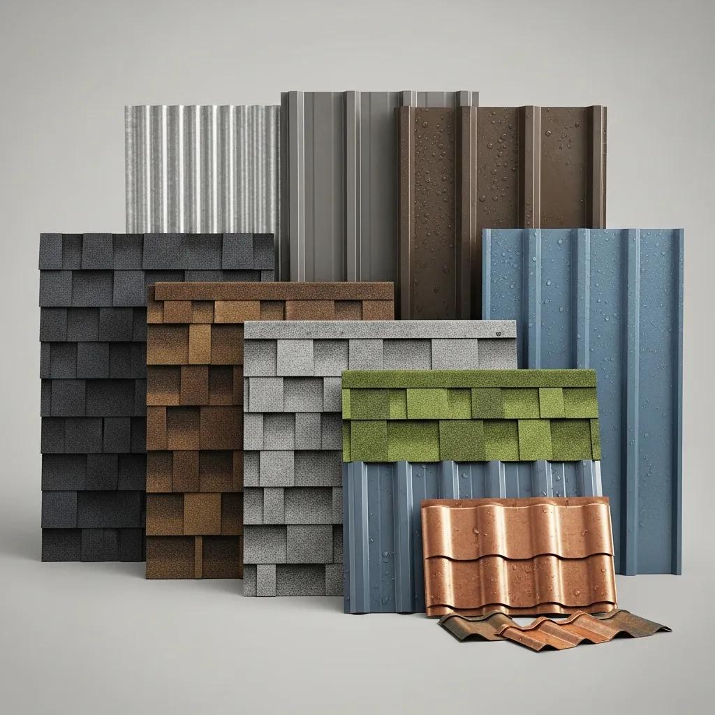 Assortment of roofing materials including asphalt shingles and metal roofing, suitable for Tumwater's climate