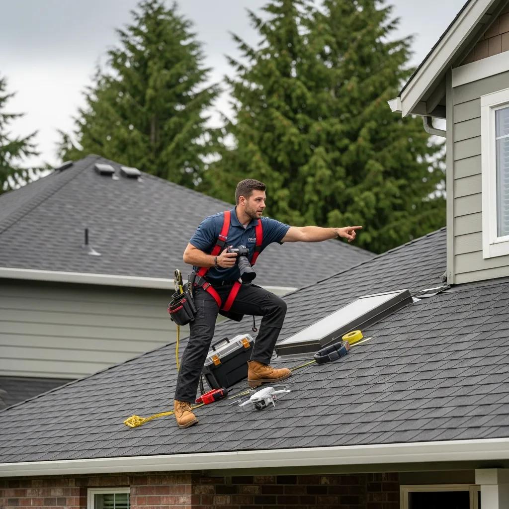 Roof inspection process being conducted by a contractor on a residential home in Tumwater, WA