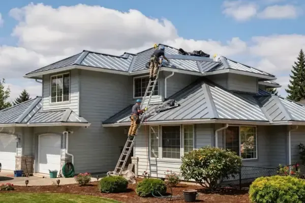 metal roofing in olympia. crew installing metal roof.