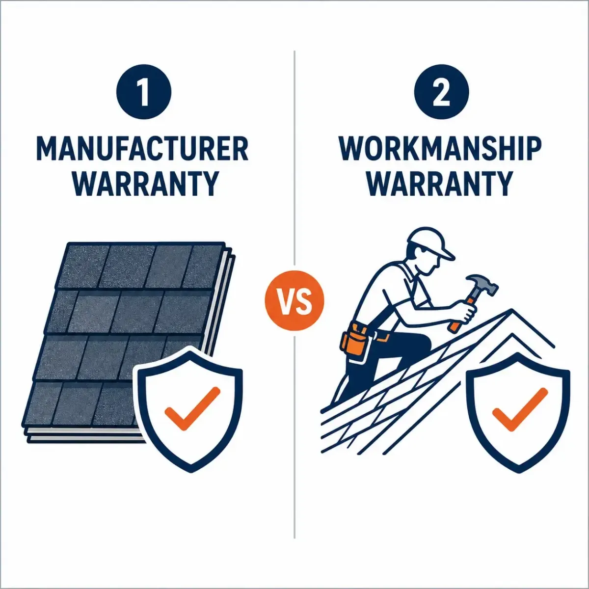 Infographic comparing manufacturer and workmanship roofing warranties from United Roofing Solutions in Olympia, WA