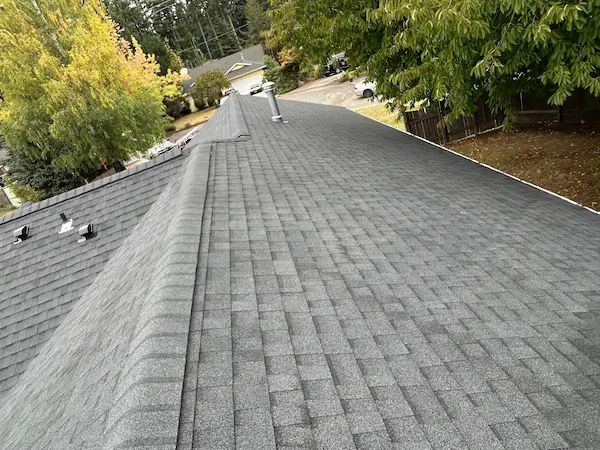 New architectural shingle roof with vent pipes after roof replacement in Lacey, WA - United Roofing Solutions
