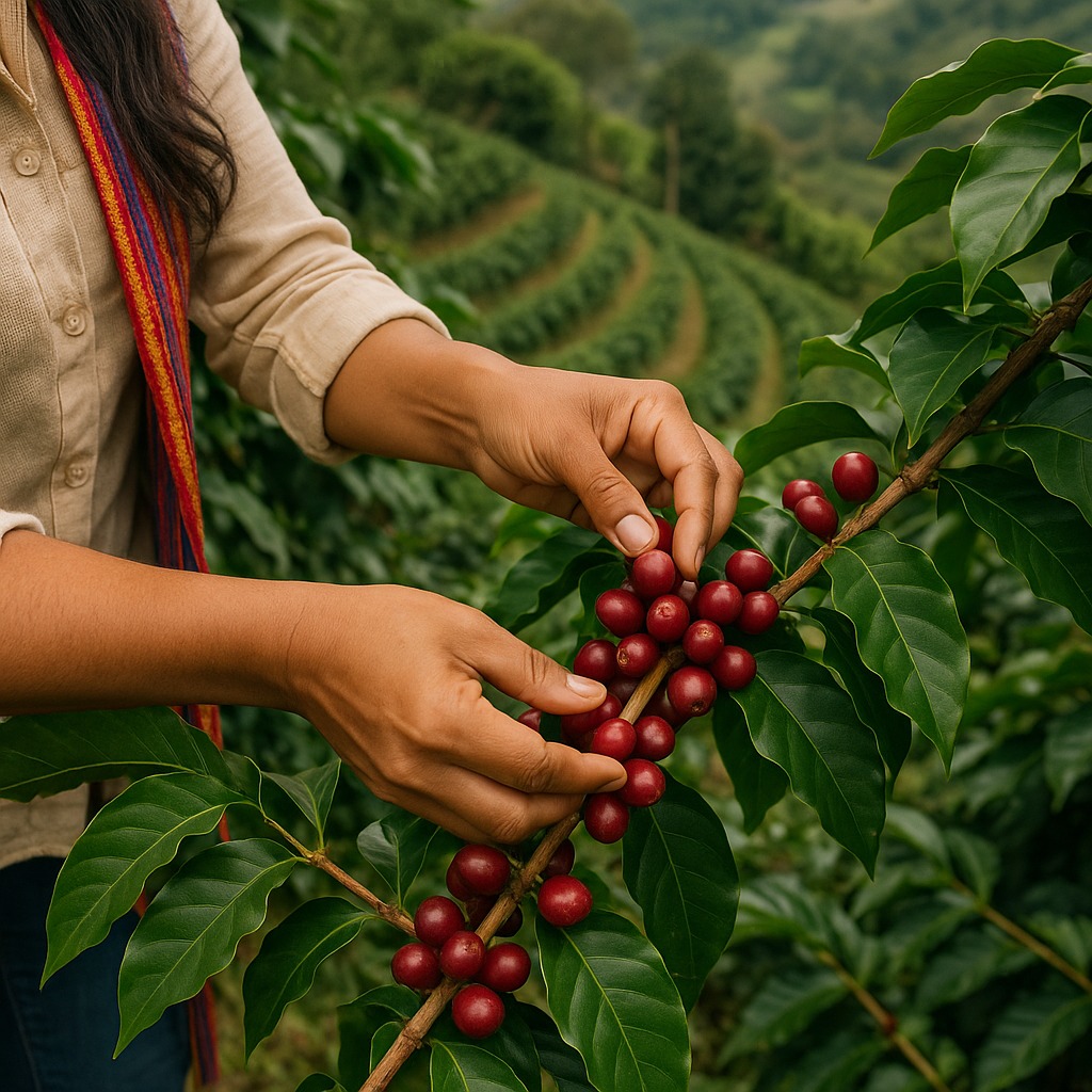 Hand-picking ripe Colombian coffee cherries from traditional terraced farm in Huila region