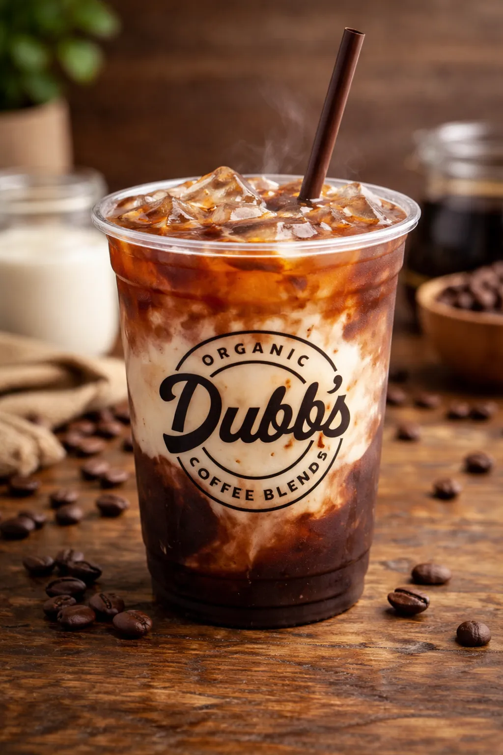 Iced organic coffee in a clear plastic cup with black Dubbs Organic Coffee Blends logo and ice cubes on a rustic table