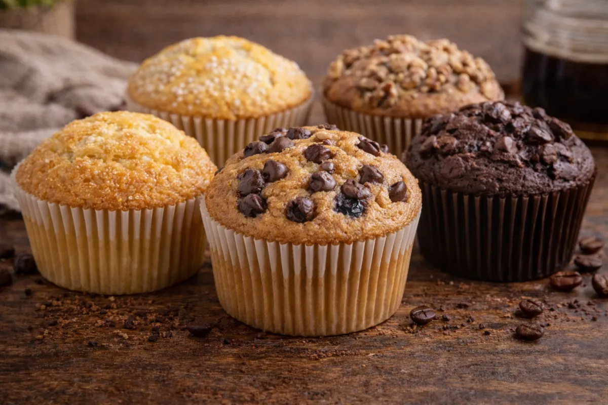 Assortment of freshly baked muffins including corn, blueberry, chocolate chip, banana nut, and chocolate muffins on a wooden table