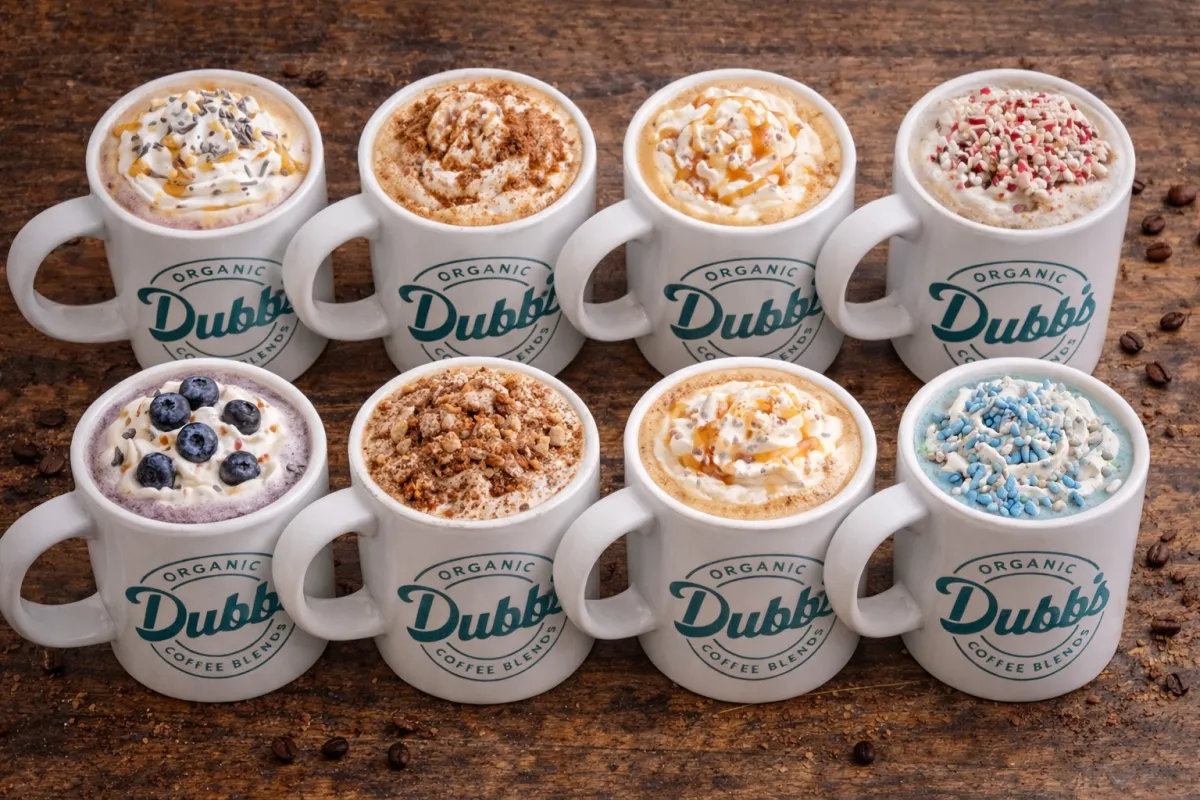 Eight assorted flavored lattes in white Dubbs Coffee Blends mugs arranged on a wooden table