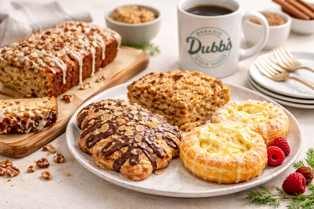 Assortment of pastries including chocolate bear claw, cheese Danish, banana pecan loaf, and coffee cake served with Dubbs Coffee Blends