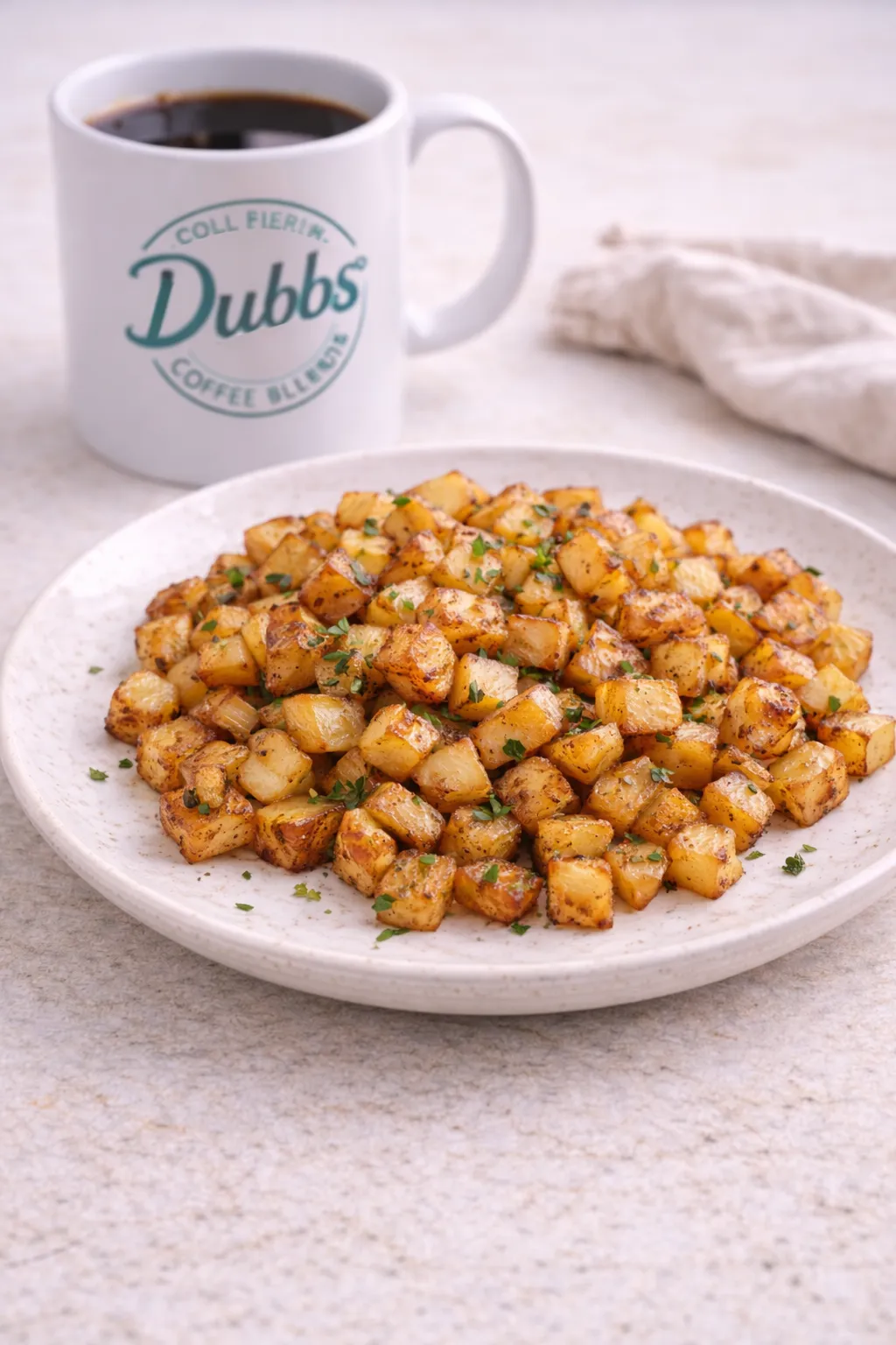 Crispy breakfast potatoes garnished with herbs served on a plate with a Dubbs Coffee Blends mug in the background